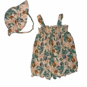Floral Bluey Print Baby Romper with Matching Sun Hat - Cream, Green, Mustard